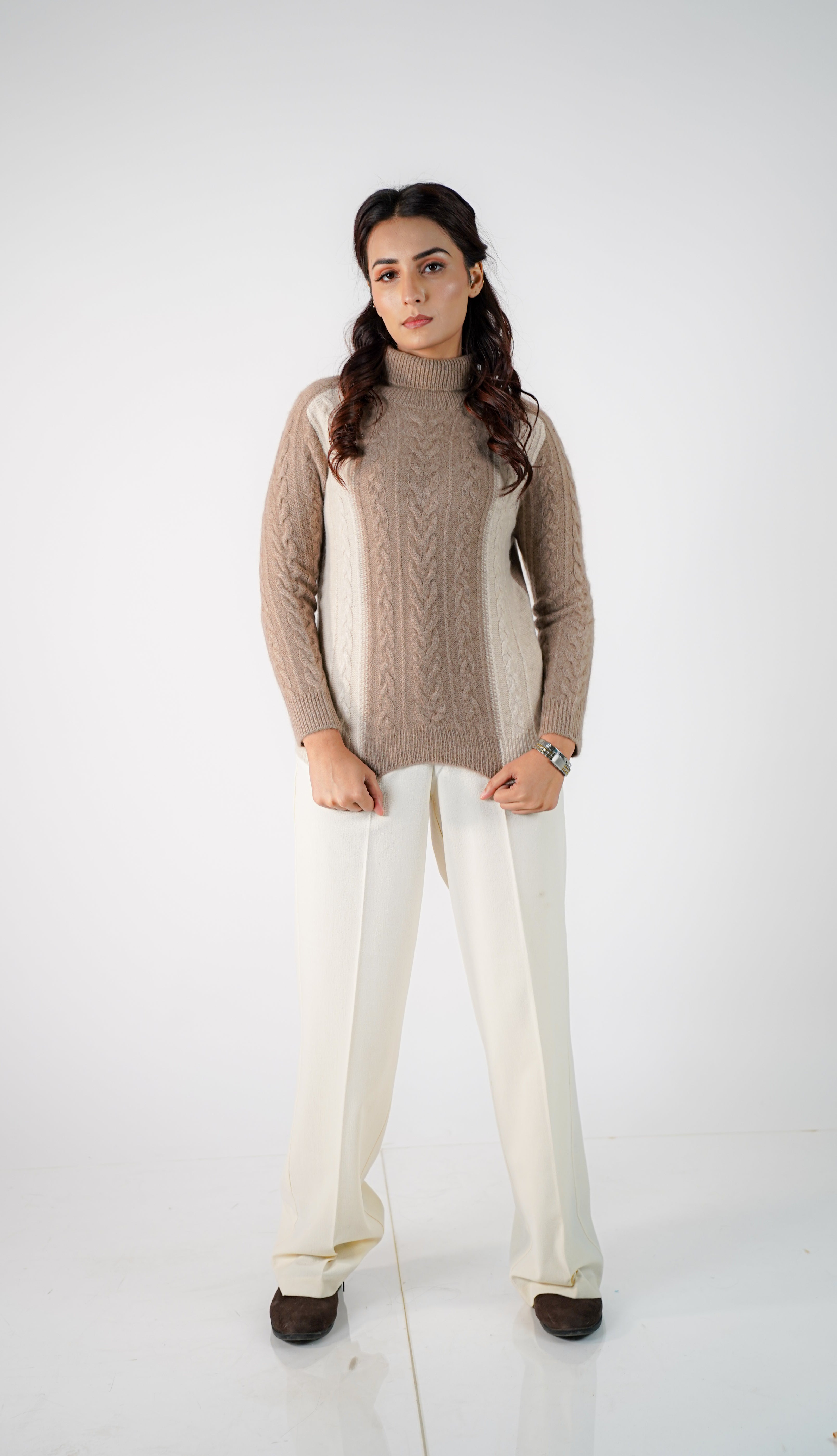 Renée Two-Tone Cable Cashmere Turtleneck