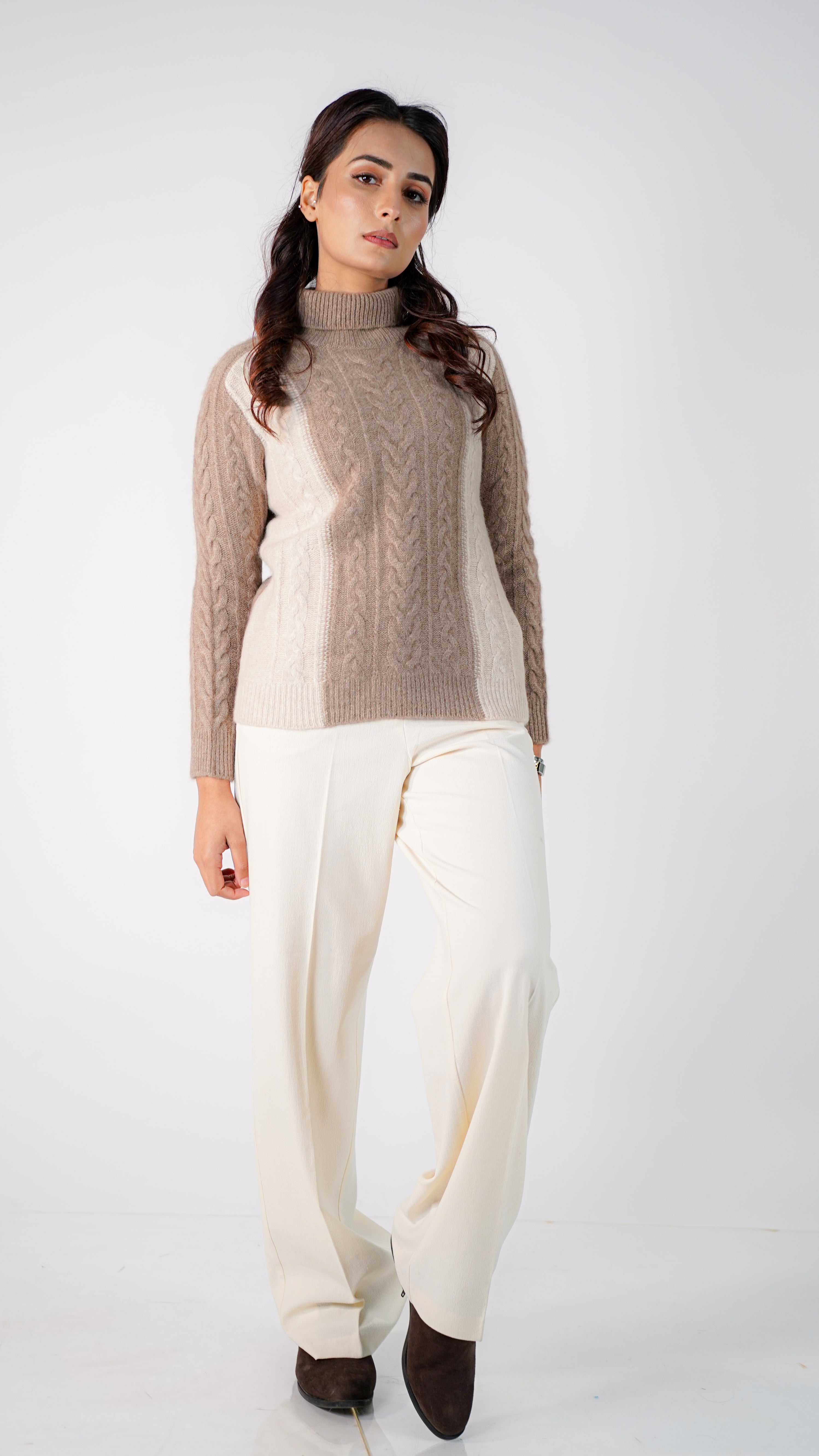 Renée Two-Tone Cable Cashmere Turtleneck