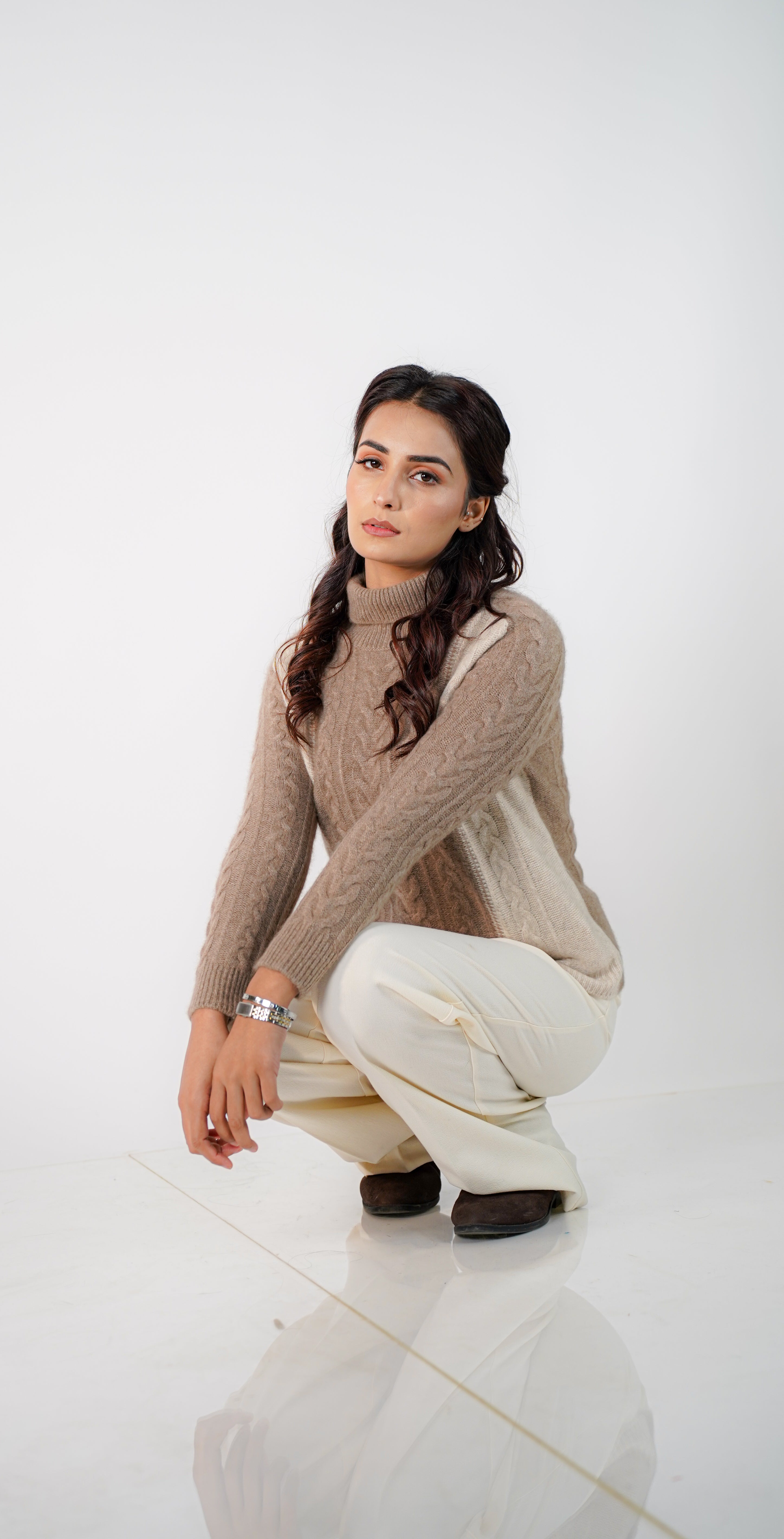 Renée Two-Tone Cable Cashmere Turtleneck