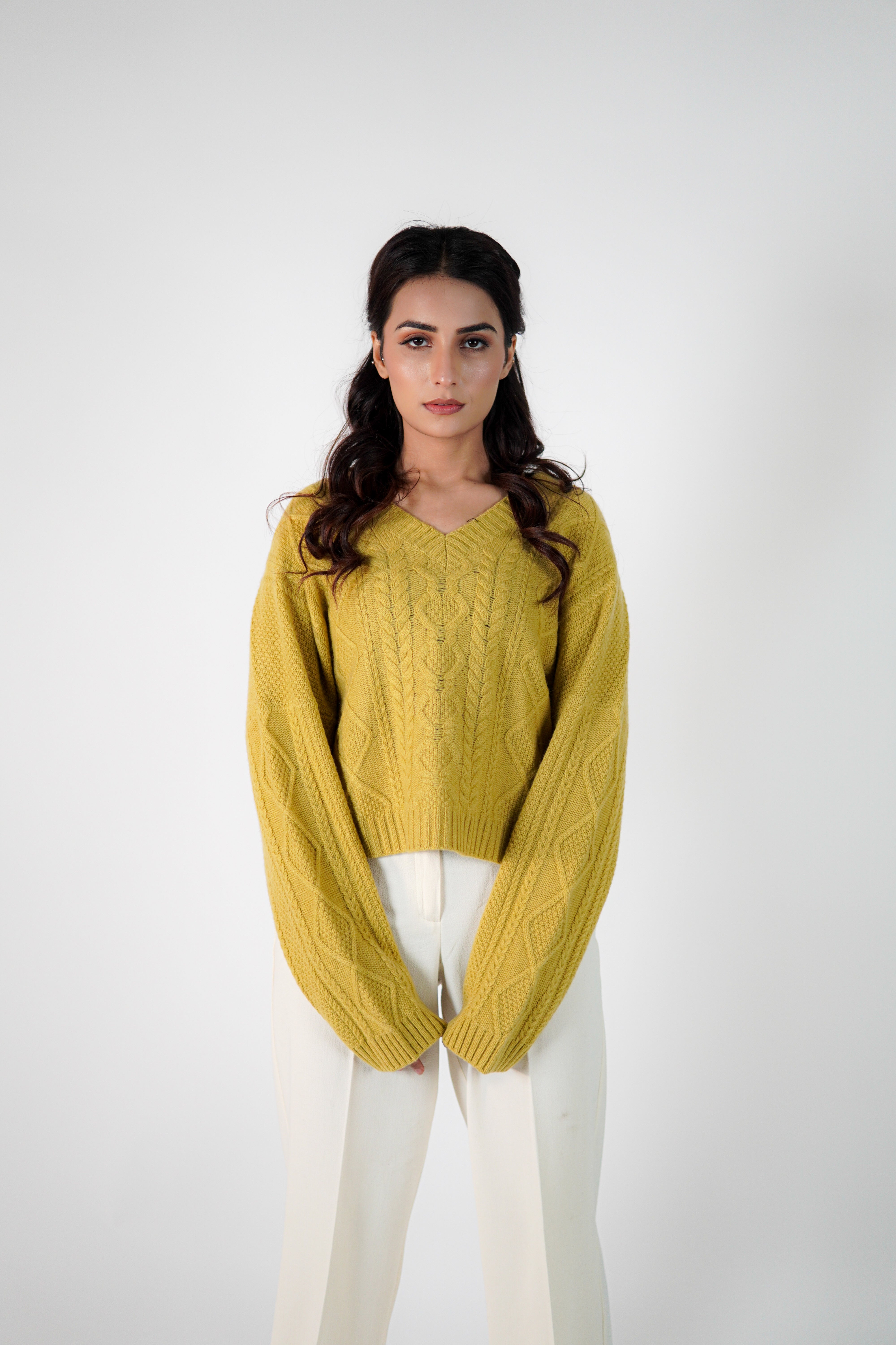 Camille Cropped Cable-Knit V-Neck Sweater