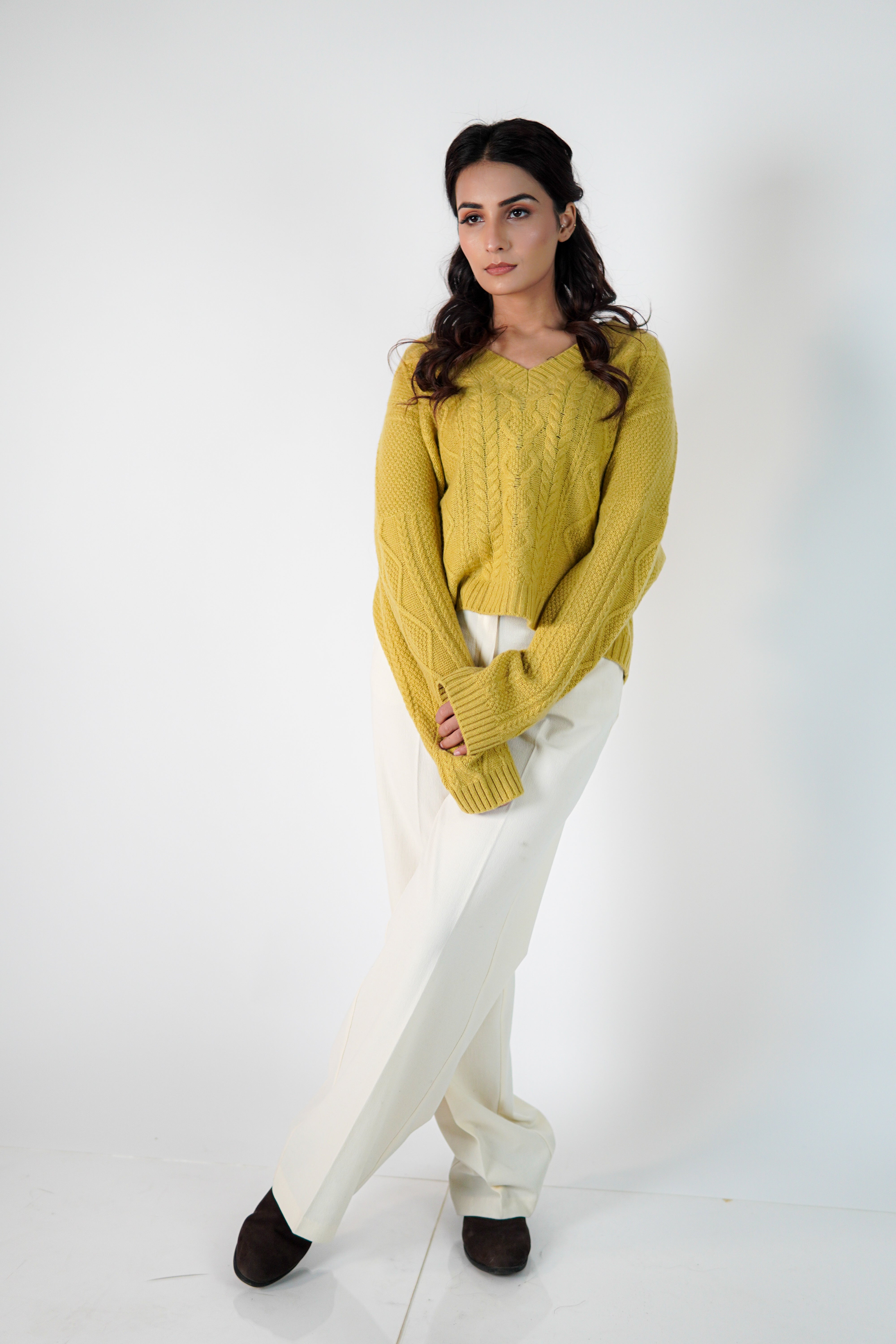 Camille Cropped Cable-Knit V-Neck Sweater